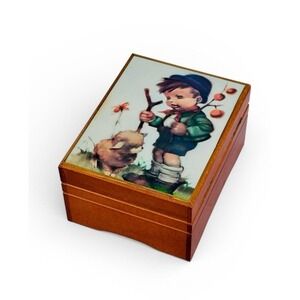 Vintage Tilson Wood Music Jewelry Box Hummel Style Art Japan Works Great